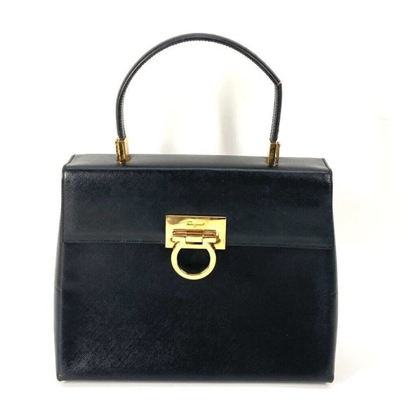 Auth SALVATORE FERRAGAMO 2 WAY Gancini Shoulder Bag Hand Bag Black Leather - Picture 1 of 14
